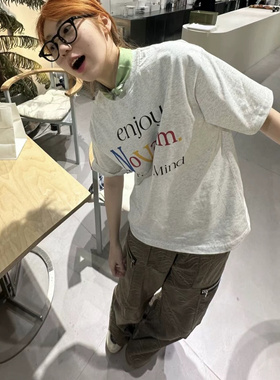 美式复古撞色字母印花灰色短袖t恤夏季宽松休闲百搭圆领上衣潮ins