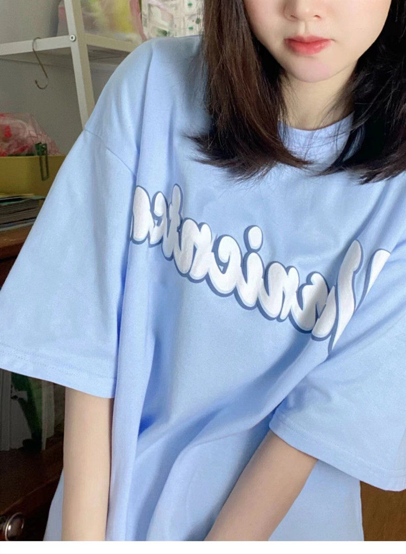 浅蓝色t恤女新款超显白圆领小宽松显瘦复古简约通勤短袖女夏ins潮