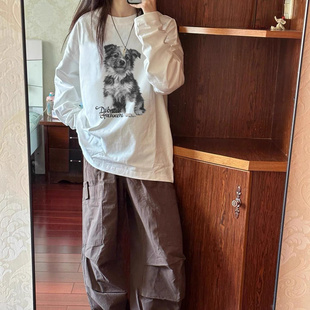 设计感小众宽松秋季 t恤女2025新款 潮牌上衣 复古正肩长袖 纯棉美式