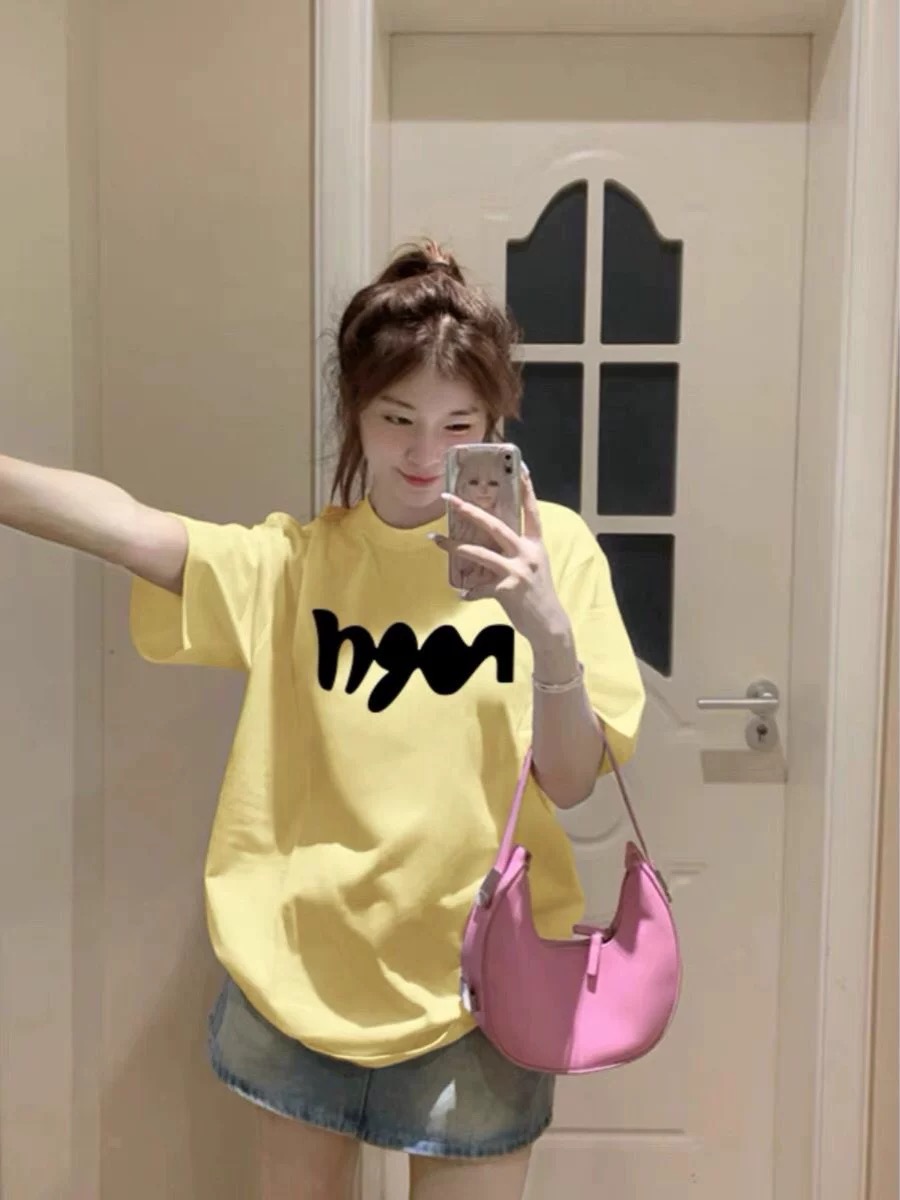 小个子oversize宽松纯棉短袖圆领T恤女夏季新款奶黄色正肩上衣服