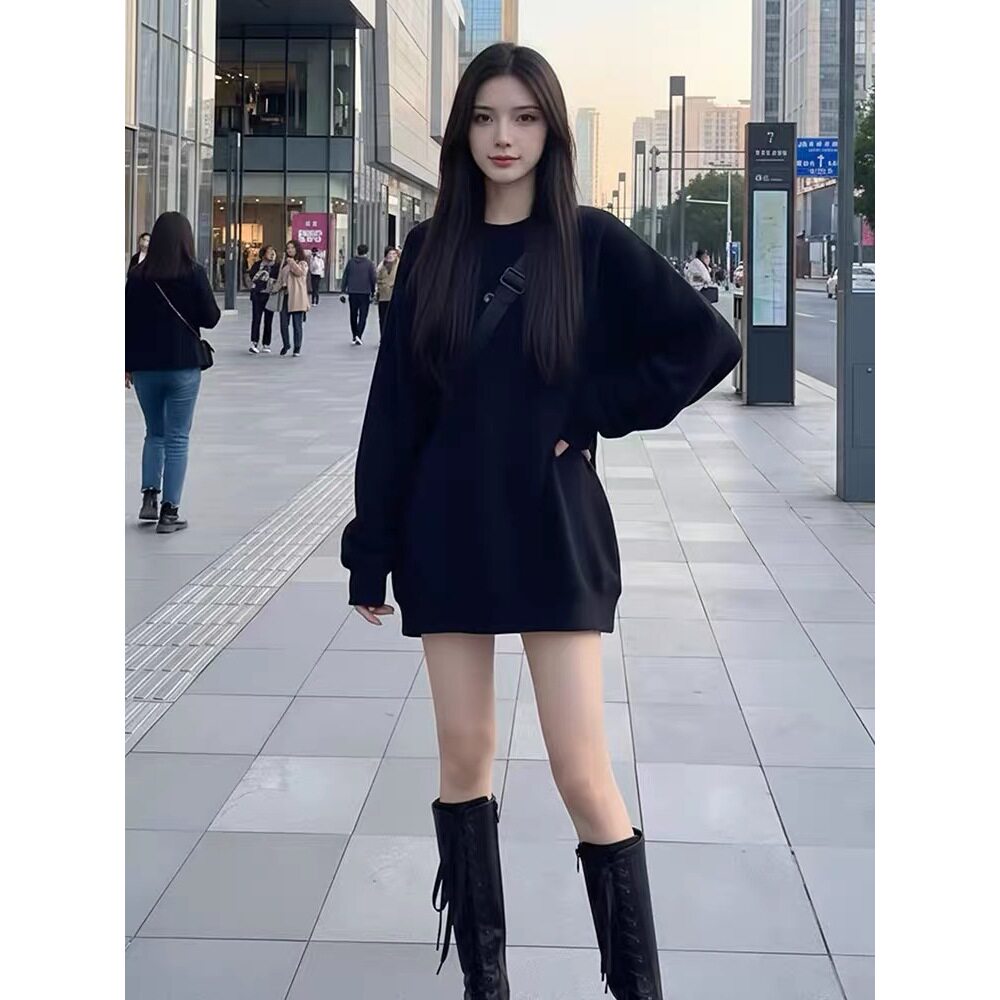 纯黑色圆领卫衣女春秋巨好看的宽松大版中长款慵懒风薄款简约外套