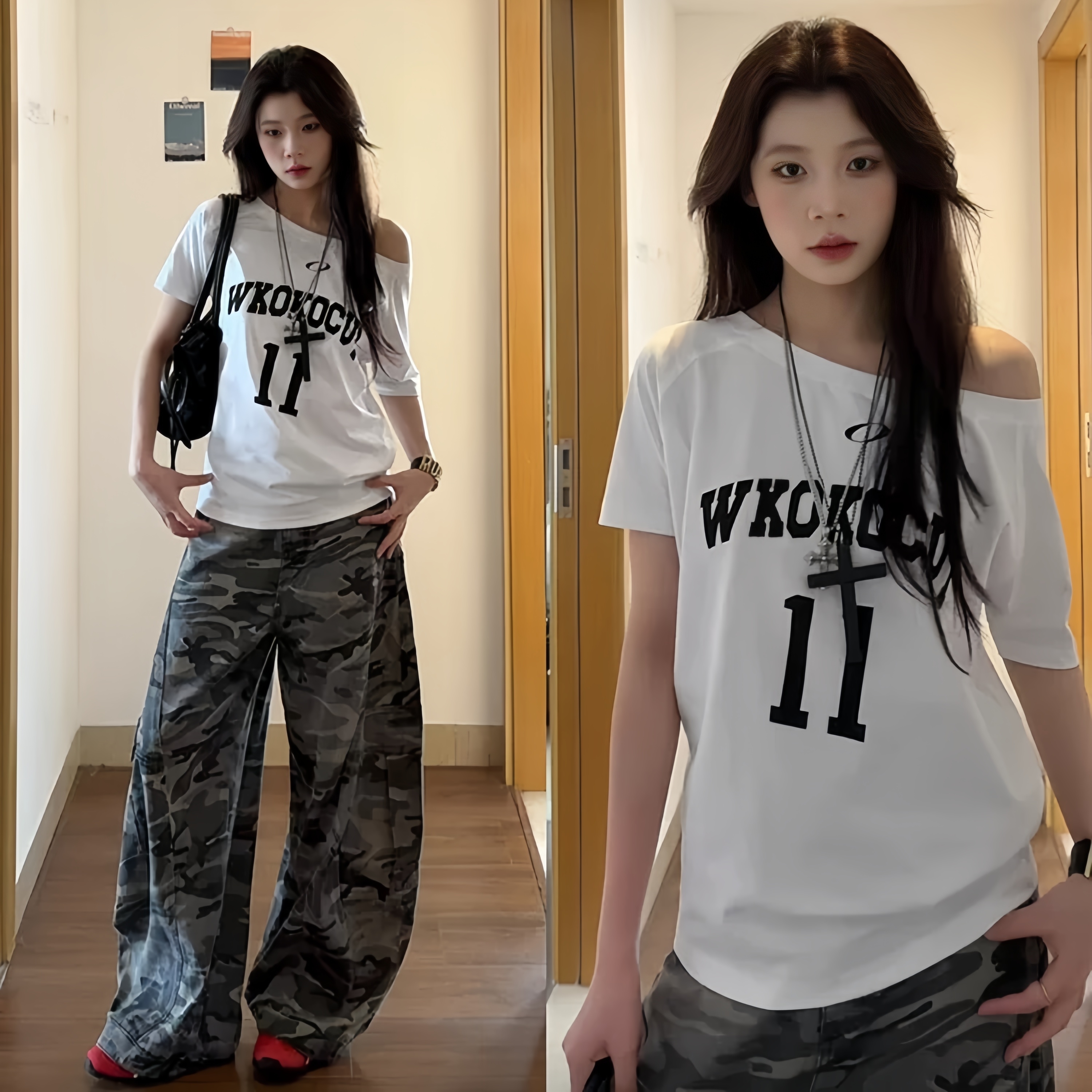 美式复古白色斜肩短袖T恤女
