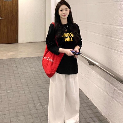 美式复古宽松慵懒纯棉黑色