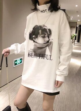 半高领加绒加厚打底衫女秋冬宽松中长款欧货洋气长袖t恤上衣内搭
