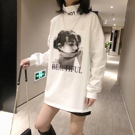 半高领加绒加厚打底衫女秋冬宽松中长款欧货洋气长袖t恤上衣内搭