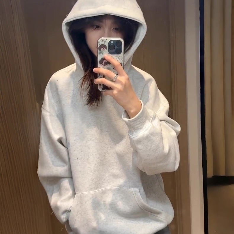 美式灰白色套头帽衫秋季宽松