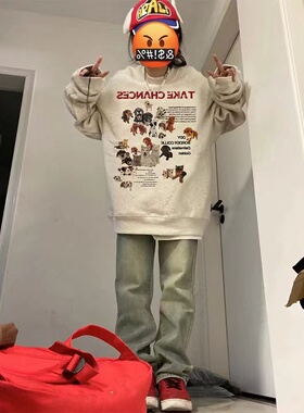 hiphop国潮牌纯棉修狗印花白灰色卫衣女秋冬宽松oversize小众上衣