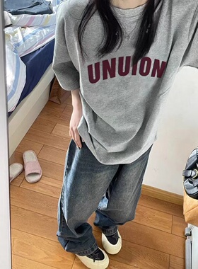 美式高街灰色短袖重磅纯棉T恤女2025夏季新款宽松韩版半袖上衣潮