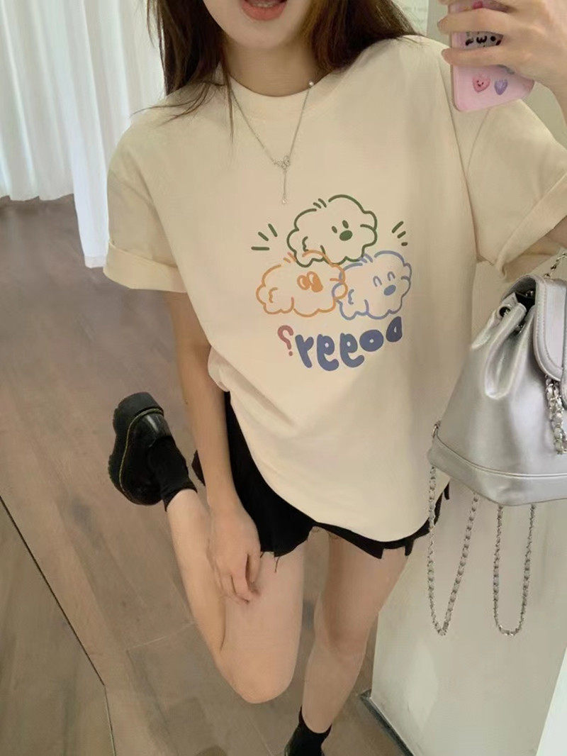 夏天杏色法式短袖T恤女装新款图片