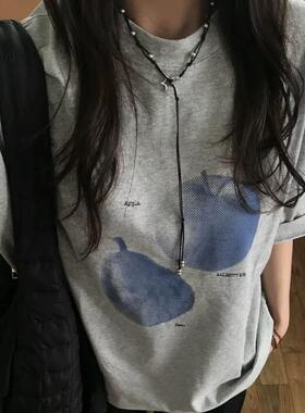 甜酷美式水果印花无性别灰色短袖t恤夏季宽松休闲百搭圆领上衣ins