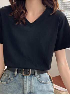 夏装v领白色t恤女短袖宽松韩版简约百搭bf常规纯色显瘦女装上衣女