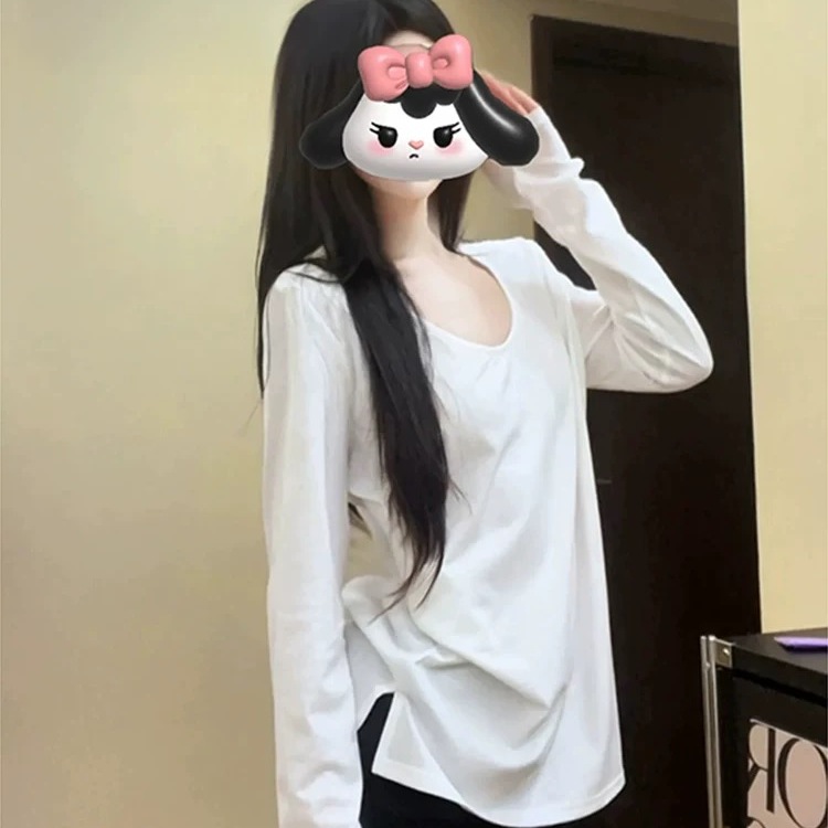 白色纯棉长袖t恤打底衫女春