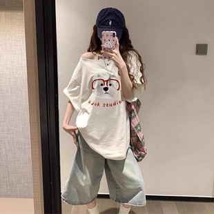 上衣纯欲风 斜肩辣妹短袖 t恤女夏季 2025年新款 显瘦慵懒松驰感半袖