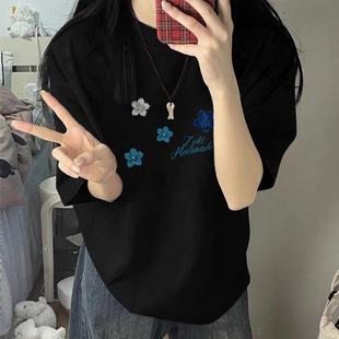 设计感小众宽松半袖 t恤女2025新款 上衣 复古正肩短袖 重磅纯棉美式