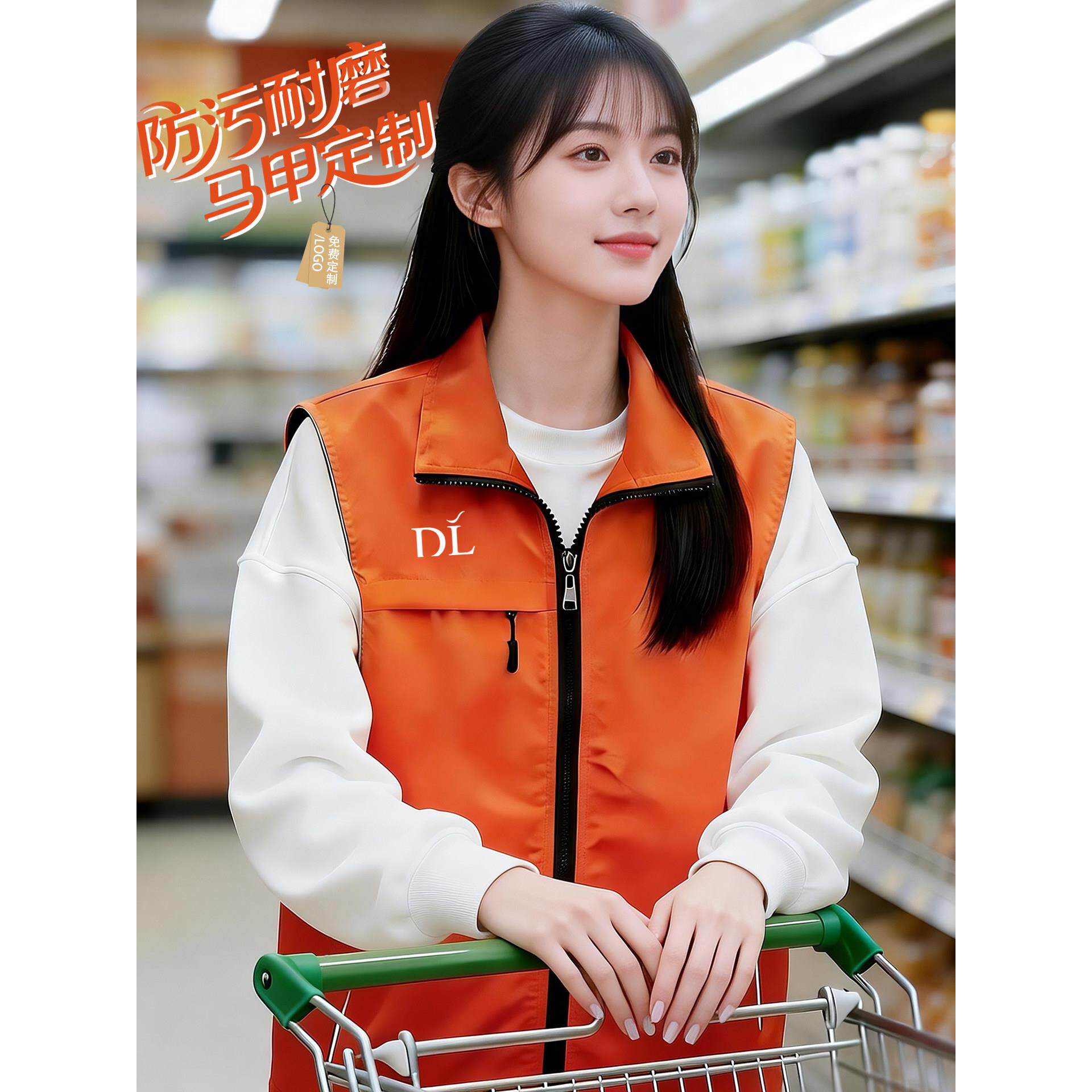 高端三口袋马甲定制工作服印logo拉链翻领桔色超市生鲜水果店背心