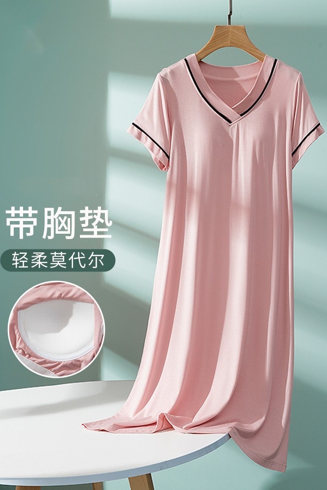 法国趣安芬文胸莫代尔短袖睡裙女带胸垫孕妇睡衣家居柔软薄款