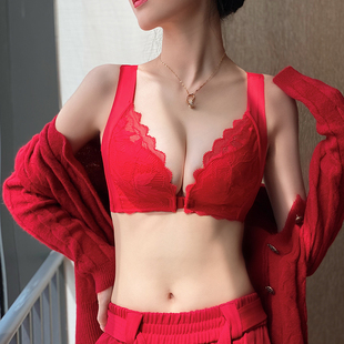 法国趣安芬文胸本命年红色结婚前扣性感收副乳内衣女大胸显小薄款