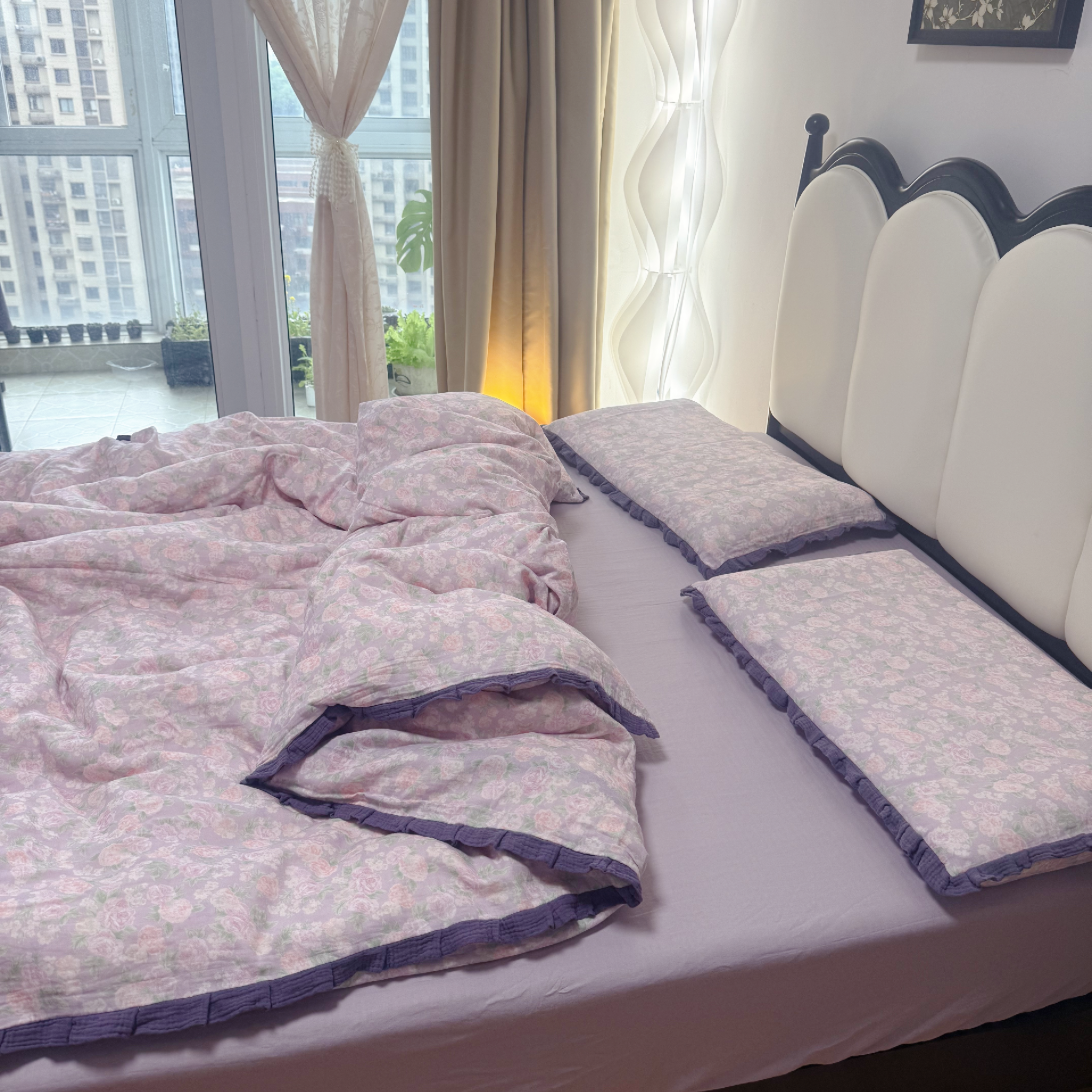 韩版全棉纱布花边蕾丝款被套四件套纯棉双层纱床单床笠款床上用品