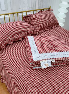 新年红色格子全棉色织水洗棉床盖三件套喜庆被套多功能夹棉被套