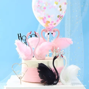 带翅天鹅粉色系列羽毛公仔天鹅蛋糕摆件爱情鸟蛋糕高贵装饰树脂