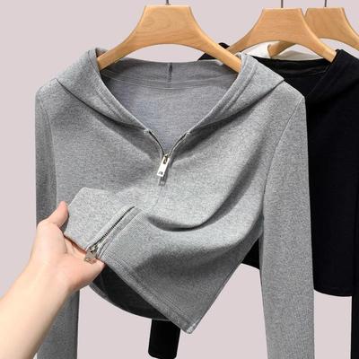 灰色连帽开衫短款双拉链上衣女