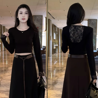 镂空蕾丝拼接长袖T恤女