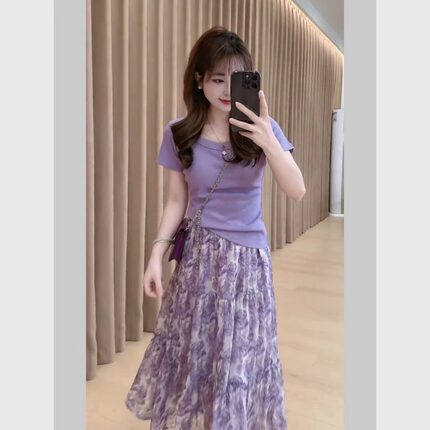 2025新款夏季高级感洋气圆领短袖上衣女轻奢气质减龄碎花半身裙