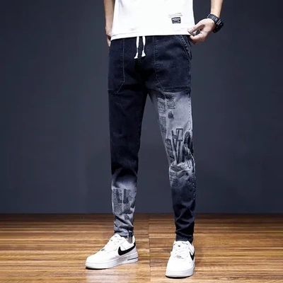 黑色男牛仔裤裤子哈伦韩版男士潮牌男款夏季修身小脚裤春秋款九分