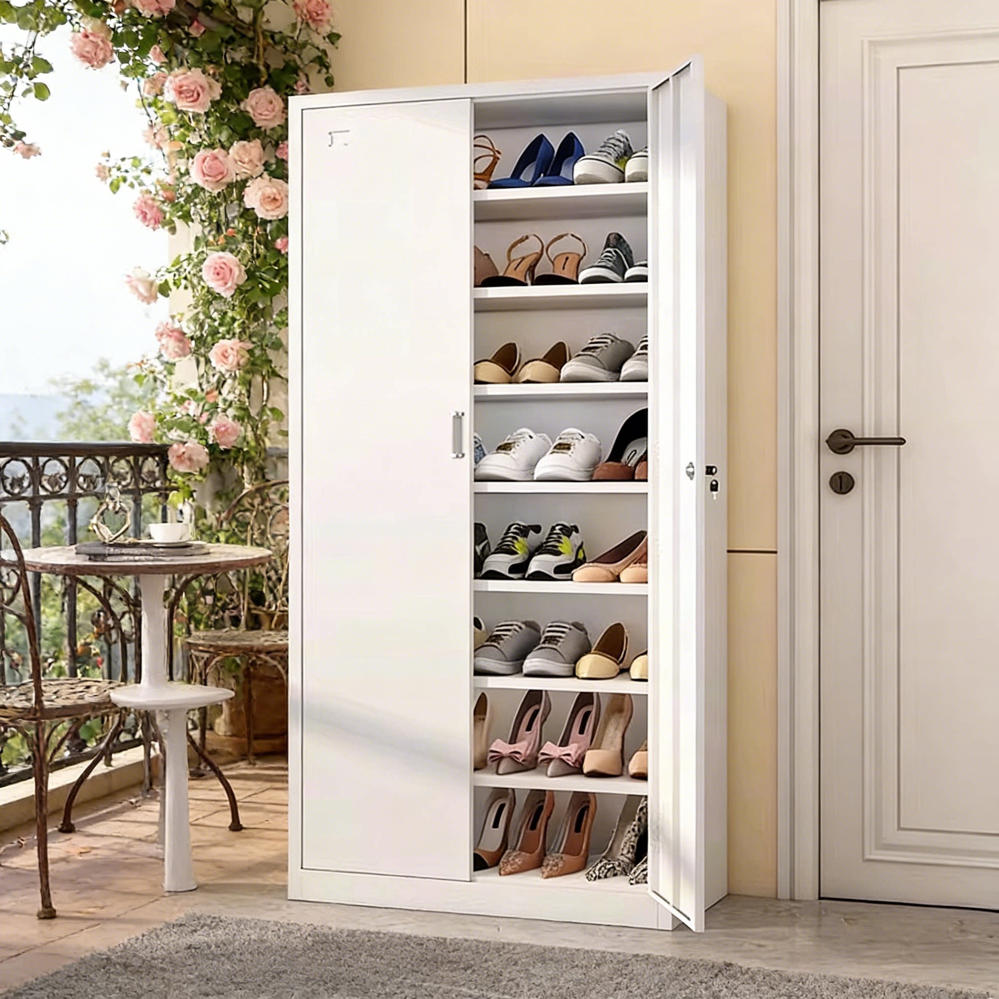 鞋柜家用门口大容量带锁楼道玄关阳台铁皮鞋架简易多层铁艺收纳柜