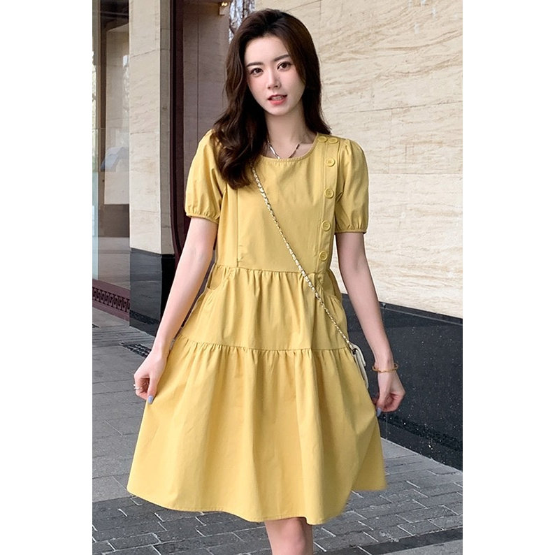 口袋黄蛋糕宽松时尚甜美温柔风设计纯色公主裙中长款哺乳连衣裙