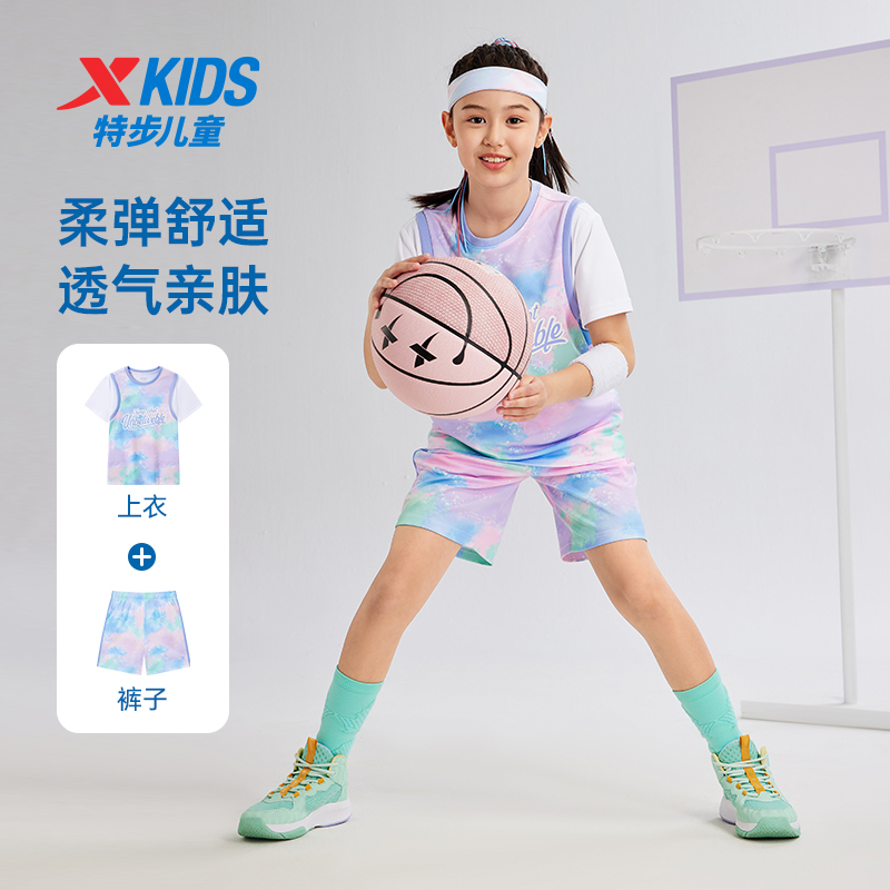 特步童装女童篮球服2024年夏季新款儿童短袖套装运动速干衣两件套