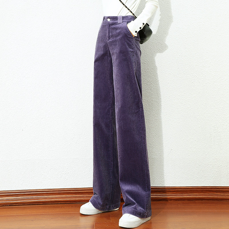 紫色灯芯绒裤子女春秋阔腿裤高腰直筒裤秋冬垂坠感加绒加厚条绒裤