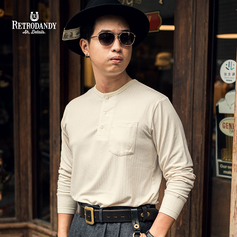 阿美咔叽亨利领打底衫长袖男士