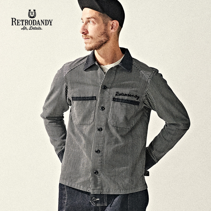 retrodandy美式复古条纹撞色工装