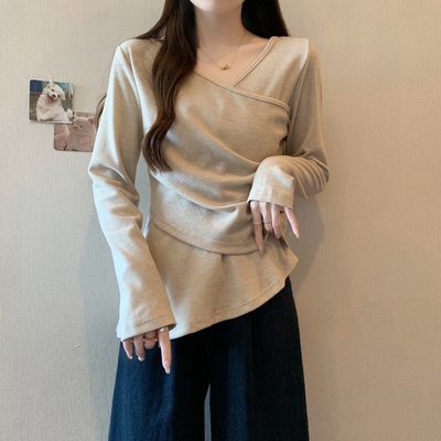 秋冬季大码不规则v领针织内搭打底衫女早胖mm收腰显瘦遮肚子1120n