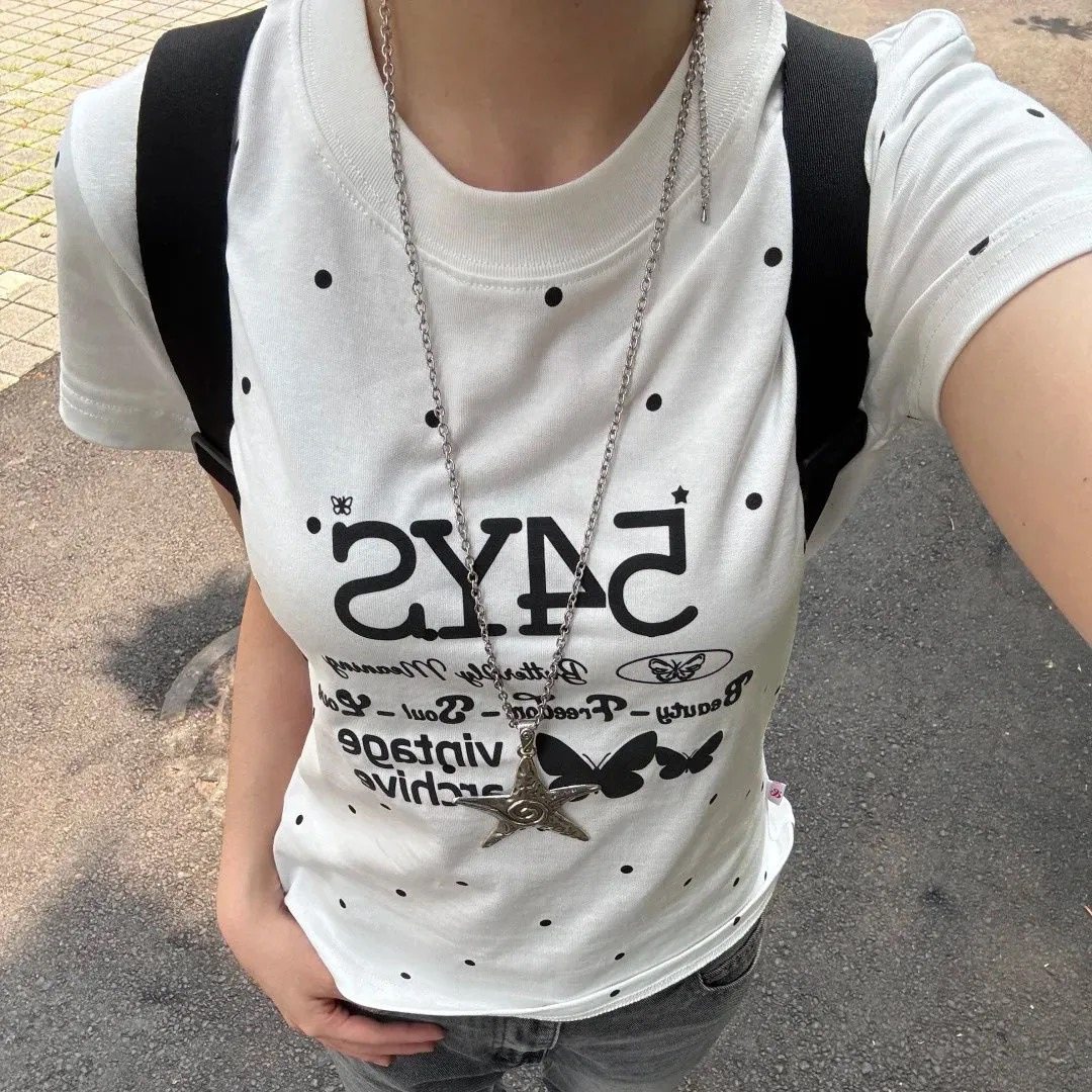 轻亚ins风韩系波点字母蝴蝶印花短袖t恤女夏季甜辣妹正肩修身上衣