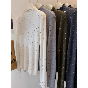 甜美波点木耳边长袖打底衫女秋冬德绒磨毛半高领修身显瘦内搭上衣