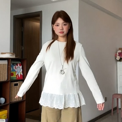 正肩白色蕾丝花边下摆长袖T恤女秋冬洋气百搭叠穿修身显瘦打底衫