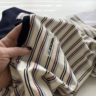 上衣 t恤女复古宽松圆领撞色条纹小众短袖 设计感波浪纹中长款 短袖