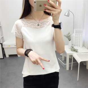 显瘦短袖 超火cec网红纯色蕾丝百搭性感一字肩百搭修身 上衣女潮ins