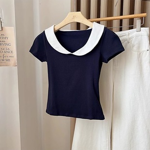 设计感娃娃领藏蓝色正肩短袖 显瘦百搭上衣女 t恤女韩系学院风修身