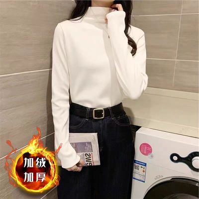 德绒半高领长袖打底衫女2025秋冬新款加绒加厚内搭长袖白色上衣女