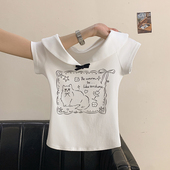 设计感蝴蝶结修身 娃娃领白色印花小喵短袖 t恤女夏季 甜美显瘦上衣