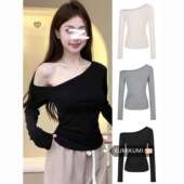 纯欲风斜肩纯色长袖 上衣女 显瘦甜辣妹早秋长袖 t恤女秋冬新款 修身