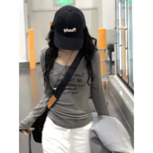 纯欲u领灰色字母印花长袖 显瘦上衣 德绒正肩修身 打底衫 女秋冬新款