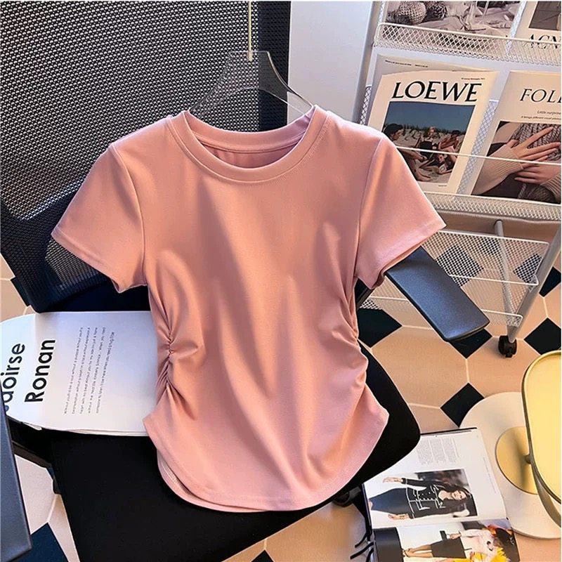 甜辣妹收腰褶皱短袖T恤女春夏季新款设计感不规则圆领显瘦上衣女
