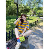 T恤女宽松ins超火撞色条纹半袖 2026夏季 复古条纹短袖 美式 上衣 新款