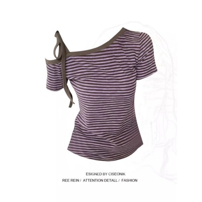 韩系紫色条纹斜肩短袖t恤女夏季甜辣风绑带设计感修身露肩上衣女