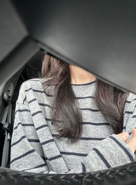 双面德绒灰色条纹长袖t恤女秋冬保暖磨毛宽松圆领松弛感上衣女ins