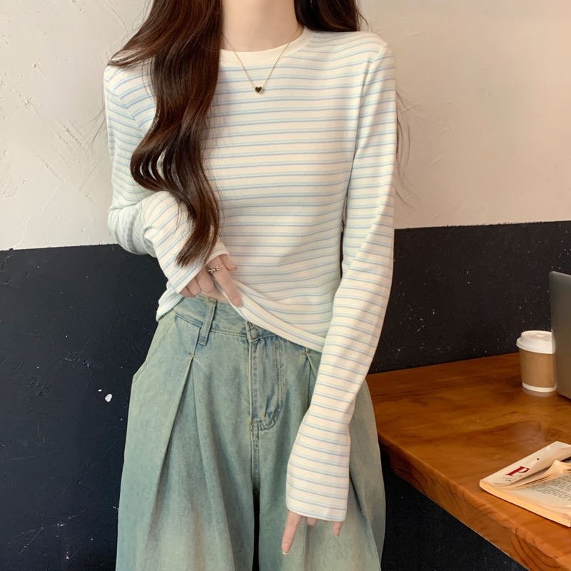 早秋韩系正肩蓝白条纹圆领长袖t恤女春季小清新修身显瘦长袖上衣